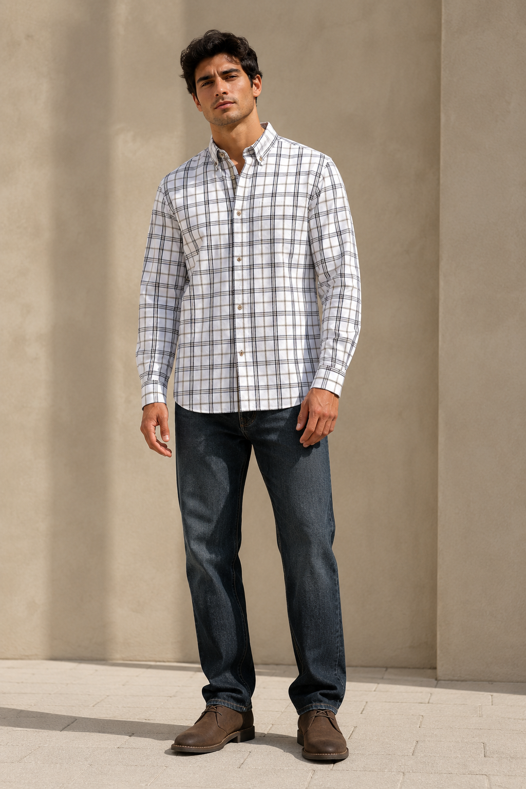 Camisas Para Hombre Manga Larga Cuadros Multicolor B61106 Blanco