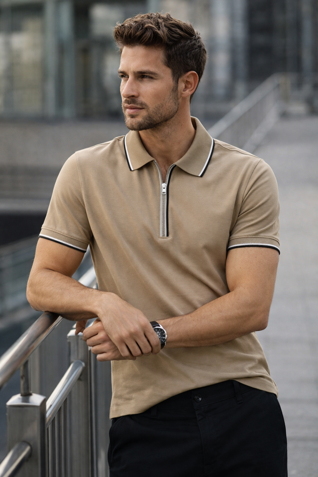 Playera Polo para Hombre Casual con Cierre Stretch Antiarrugas A61415 Beige