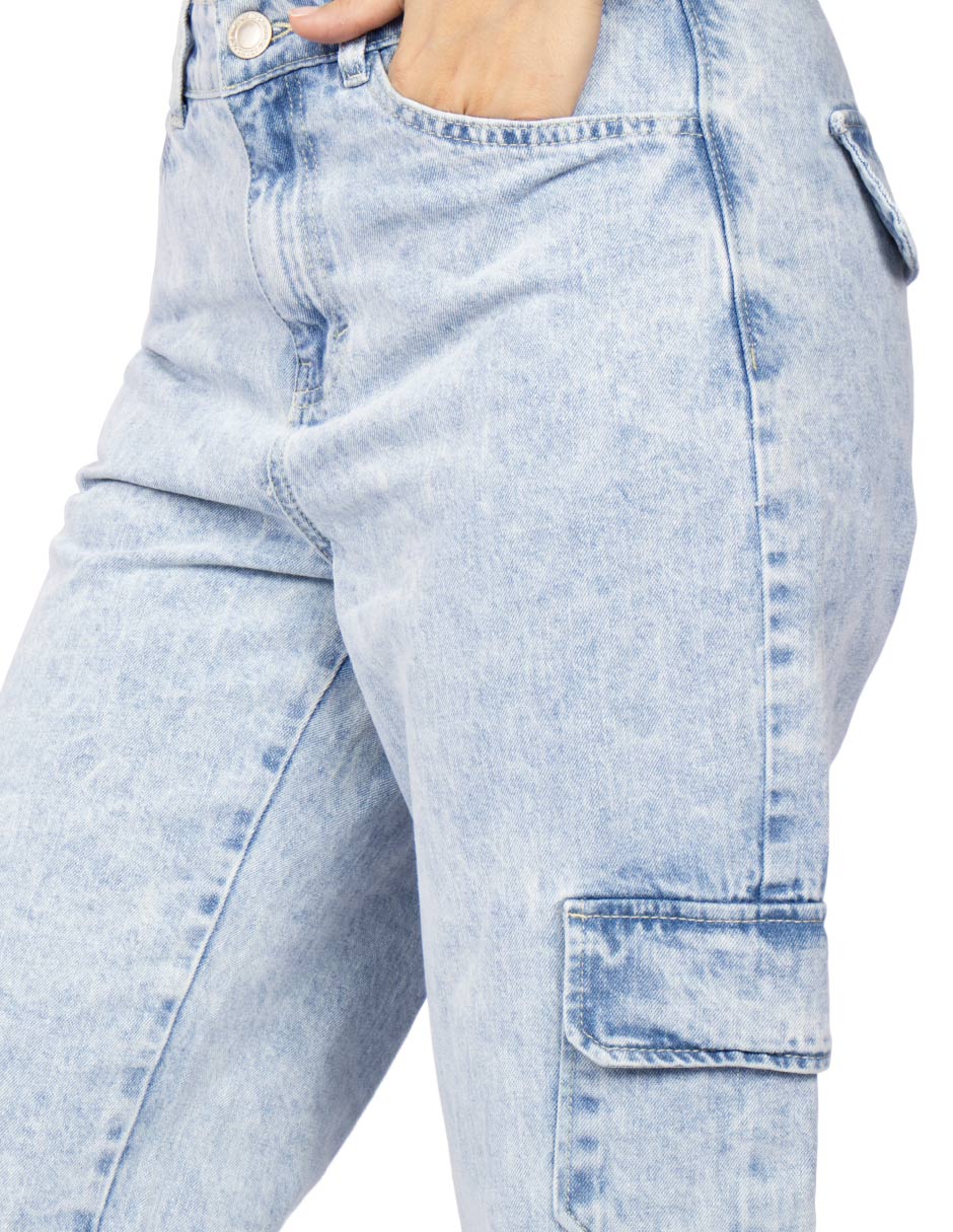 Jeans Para Mujer Mezclilla Tipo Cargo V41102 Bleach