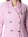 Sacos Para Mujer Bobois Moda Casuales Midi Largo De Seis Botones Con Estampado de Cuadros T41101 Rosa