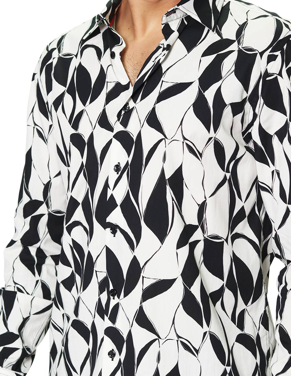 Camisas Para Hombre Manga Larga Estampado Abstracto B45517 Blanco