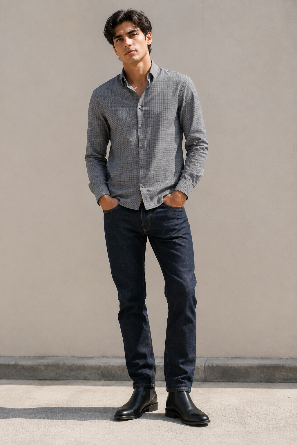 Camisas Para Hombre Manga Larga Cuadros B45307 Gris