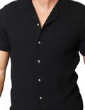 Camisas Para Hombre Bobois Moda Casuales Corrugada De Manga Corta De Cuello Abierto Relaxed Fit B41377 Negro