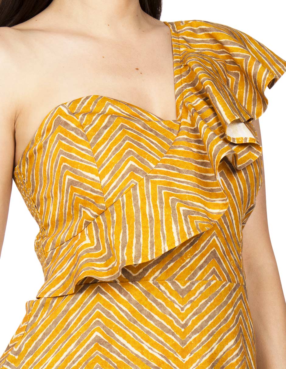 Vestidos Para Mujer Corto Asimetrico S51139 Mostaza/Beige