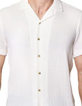 Camisas Para Hombre Bobois Moda Casuales Corrugada De Manga Corta De Cuello Abierto Relaxed Fit B41377 Blanco
