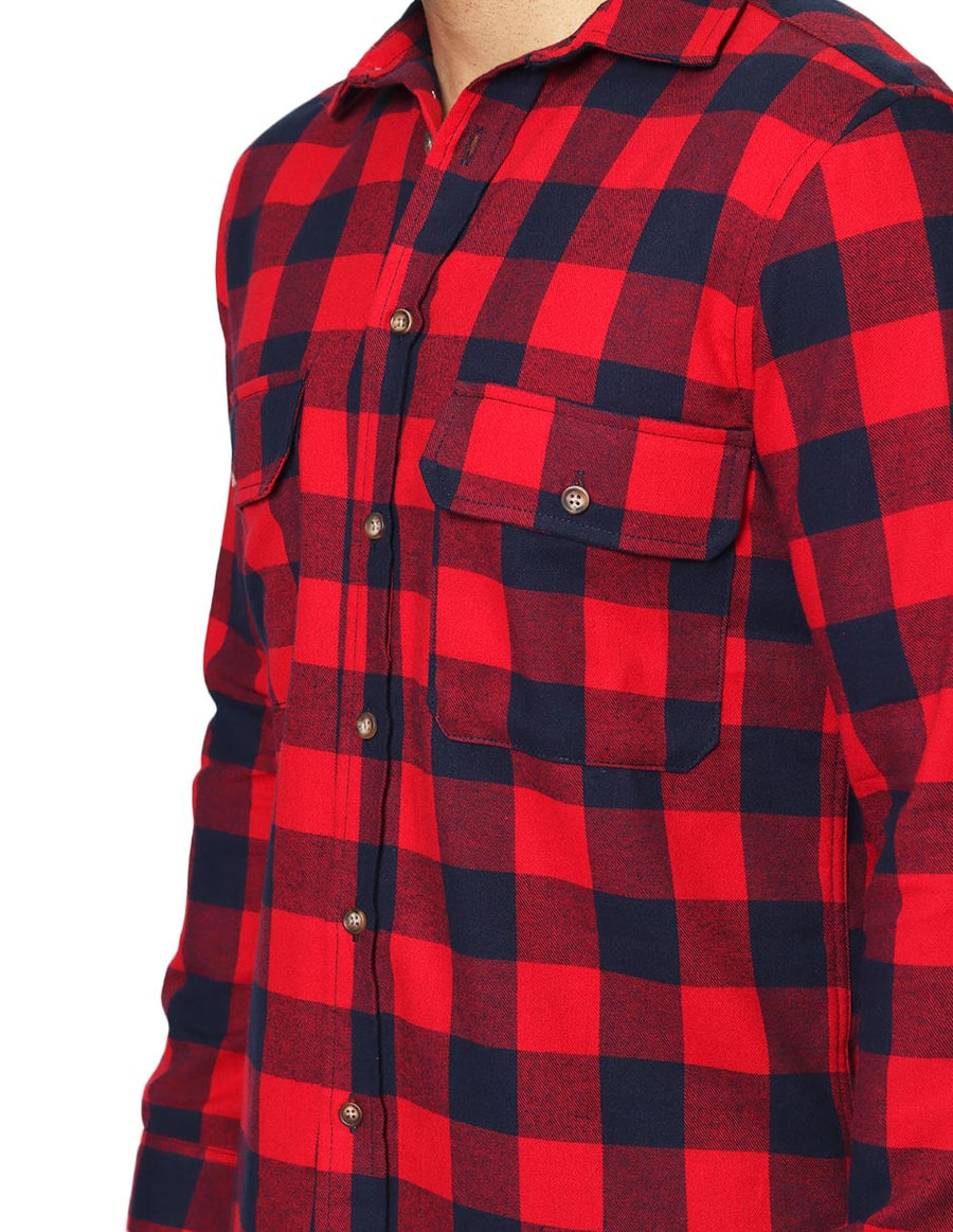 Camisas Para Hombre Bobois Moda Casuales De Manga Larga Tipo Franela Con Estampado De Cuadros Relaxed Fit B35124 Rojo