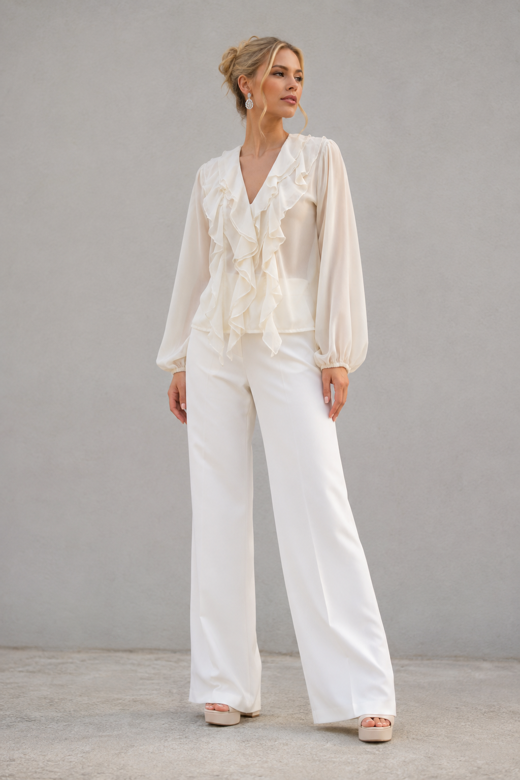 Blusas Para Mujer Chiffon Con Olanes N63101 Hueso