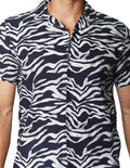 Camisas Para Hombre Bobois Moda Casuales De Manga Corta Con Estampado De Zebra Relaxed Fit B41566 Marino