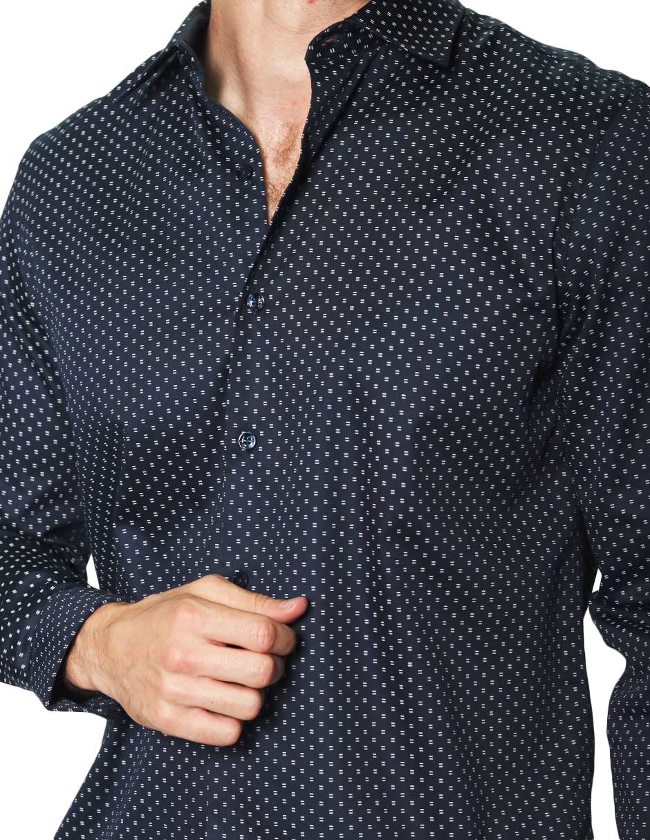 Camisas Para Hombre Manga Larga Satinada Estampada B45324 Marino