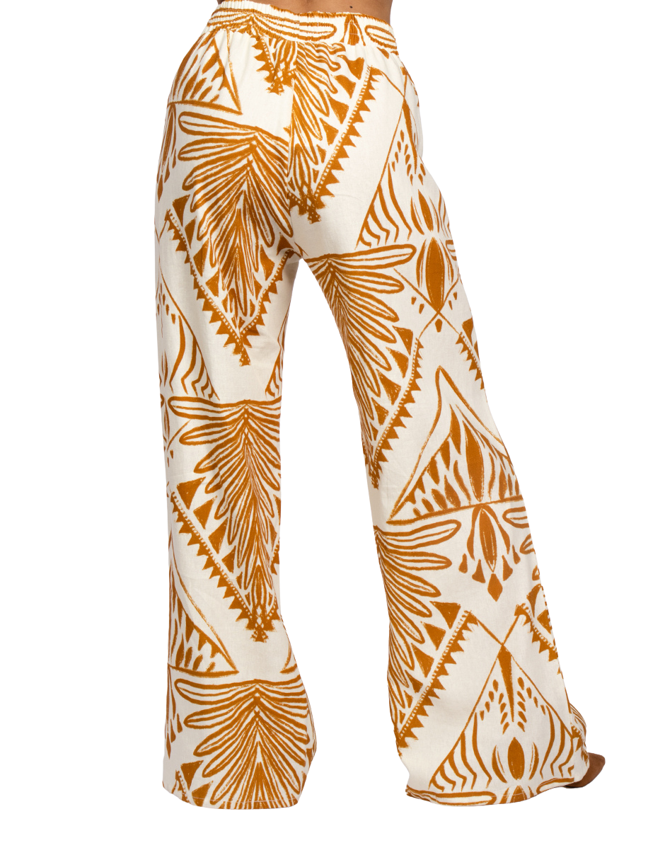 Pantalones Para Mujer Wide Leg Tipo Lino Estampado W51124 Ocre