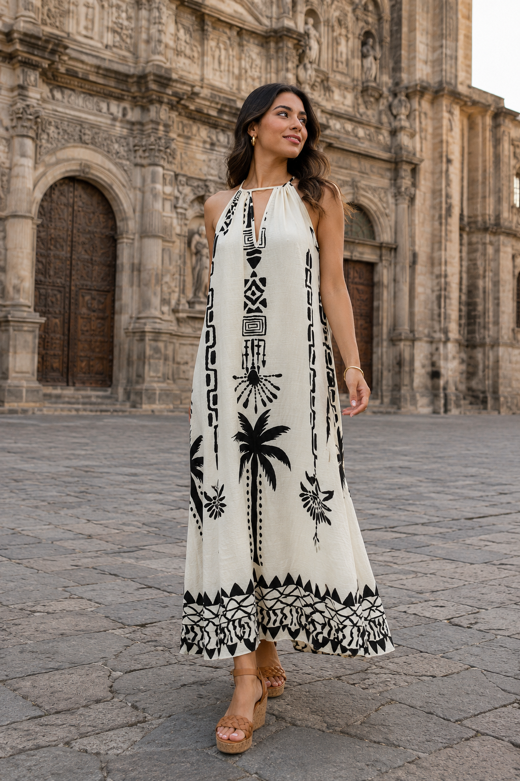 Vestidos Para Mujer Suelto Cuello Halter Zenefa S61125 Hueso/Negro