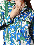 Blusas Para Mujer Bobois Moda Casuales Satinada Camisera De Manga Larga Con Estampado Floral N41124 Azul/Verde