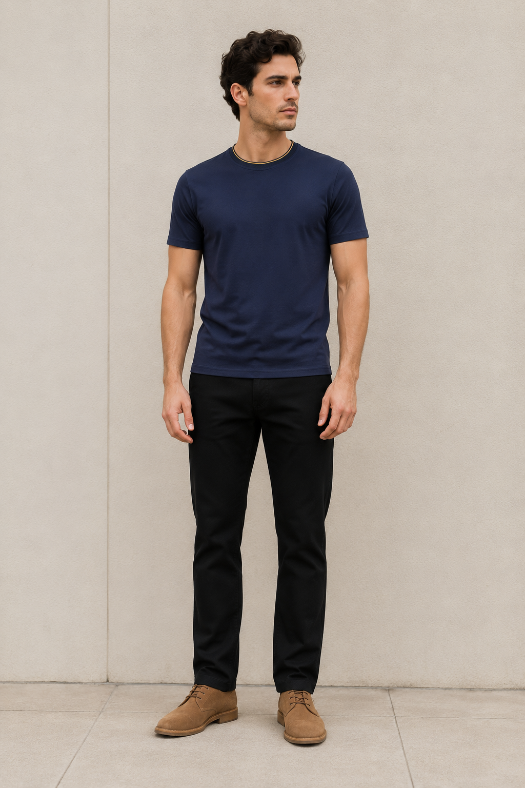 Playeras Para Hombre Básica De Cuello Redondo Con Rib Y Detalle Contrastante A65403 Marino