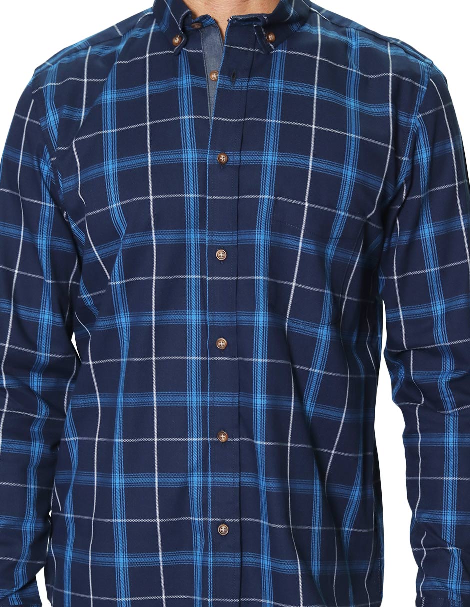 Camisas Para Hombre Manga Larga Estampado Cuadros B45113 Marino