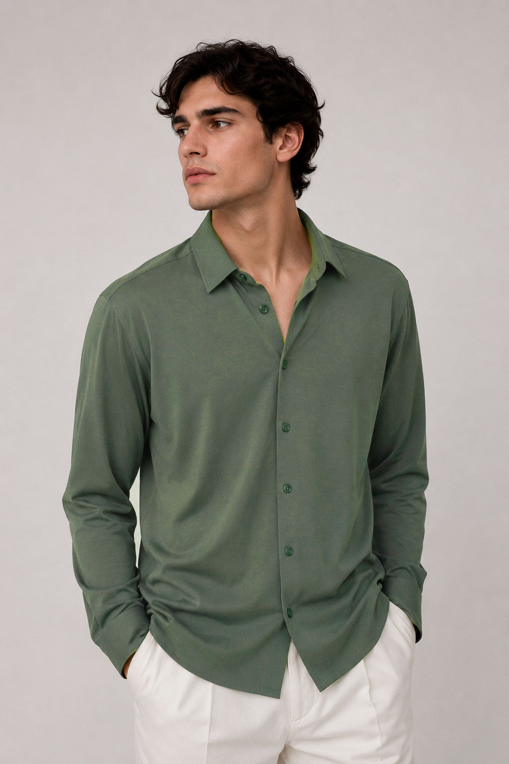 Camisas Para Hombre Jersey Super Stretch De Punto Non Iron B55402 Olivo