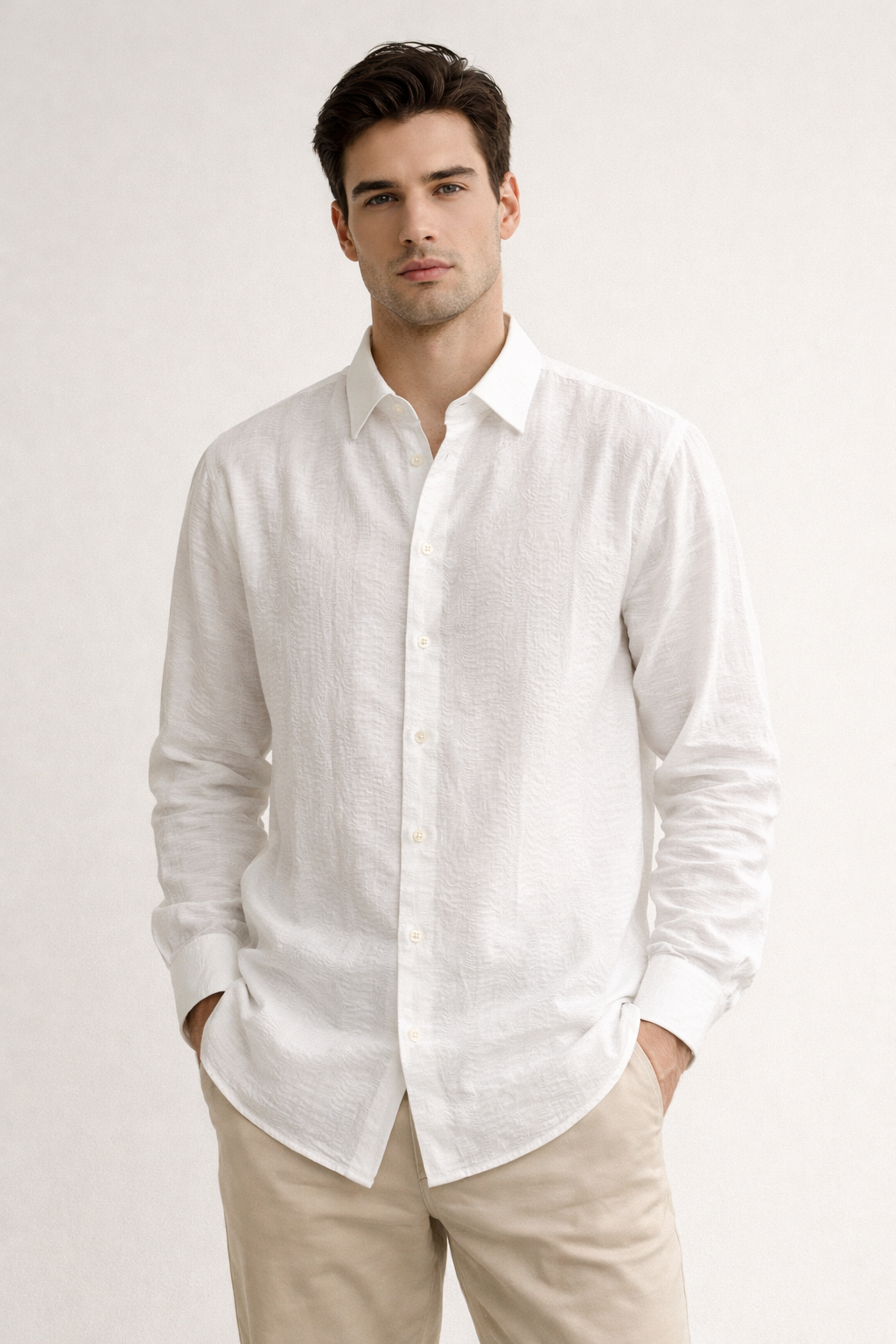 Camisa para Hombre Manga Larga Jacquard Antiarrugas B61406 Blanco