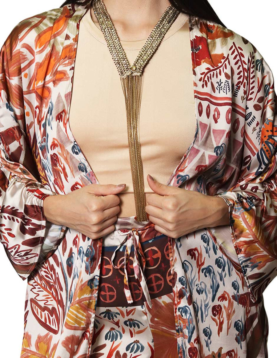 Kimonos Para Mujer Bobois Moda Casuales Midi Largo De Manga Larga Con Estampado De Hojas T33109 Beige