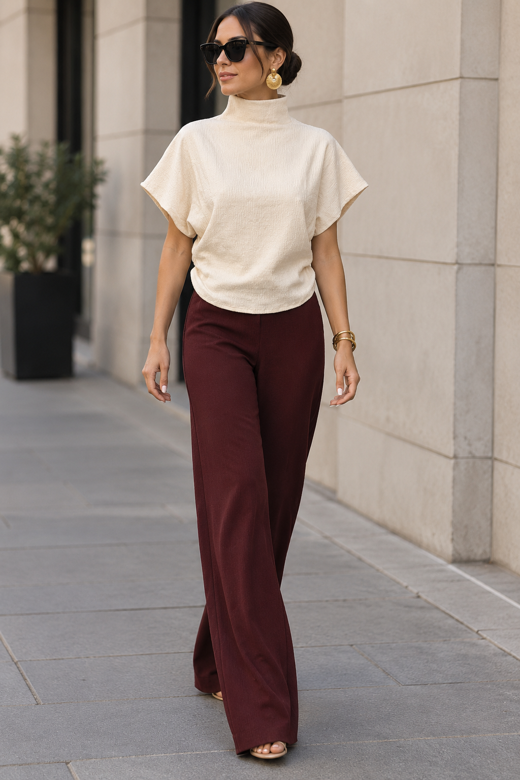 Blusas Para Mujer De Tejido Texturizado Con Cuello Alto Tipo Murciélago N63125 Crema