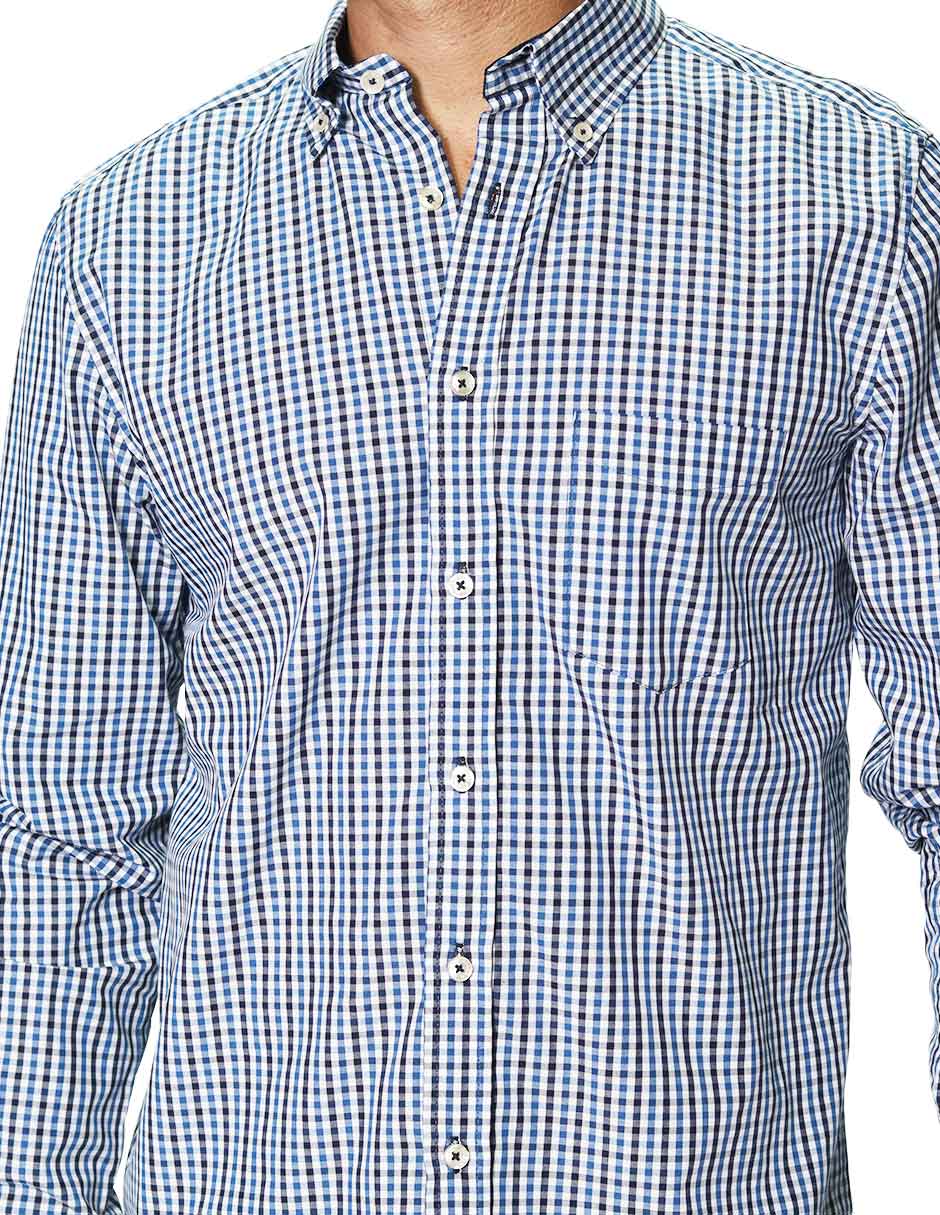 Camisas Para Hombre Manga Larga Cuadros Bicolor B45203 Azul