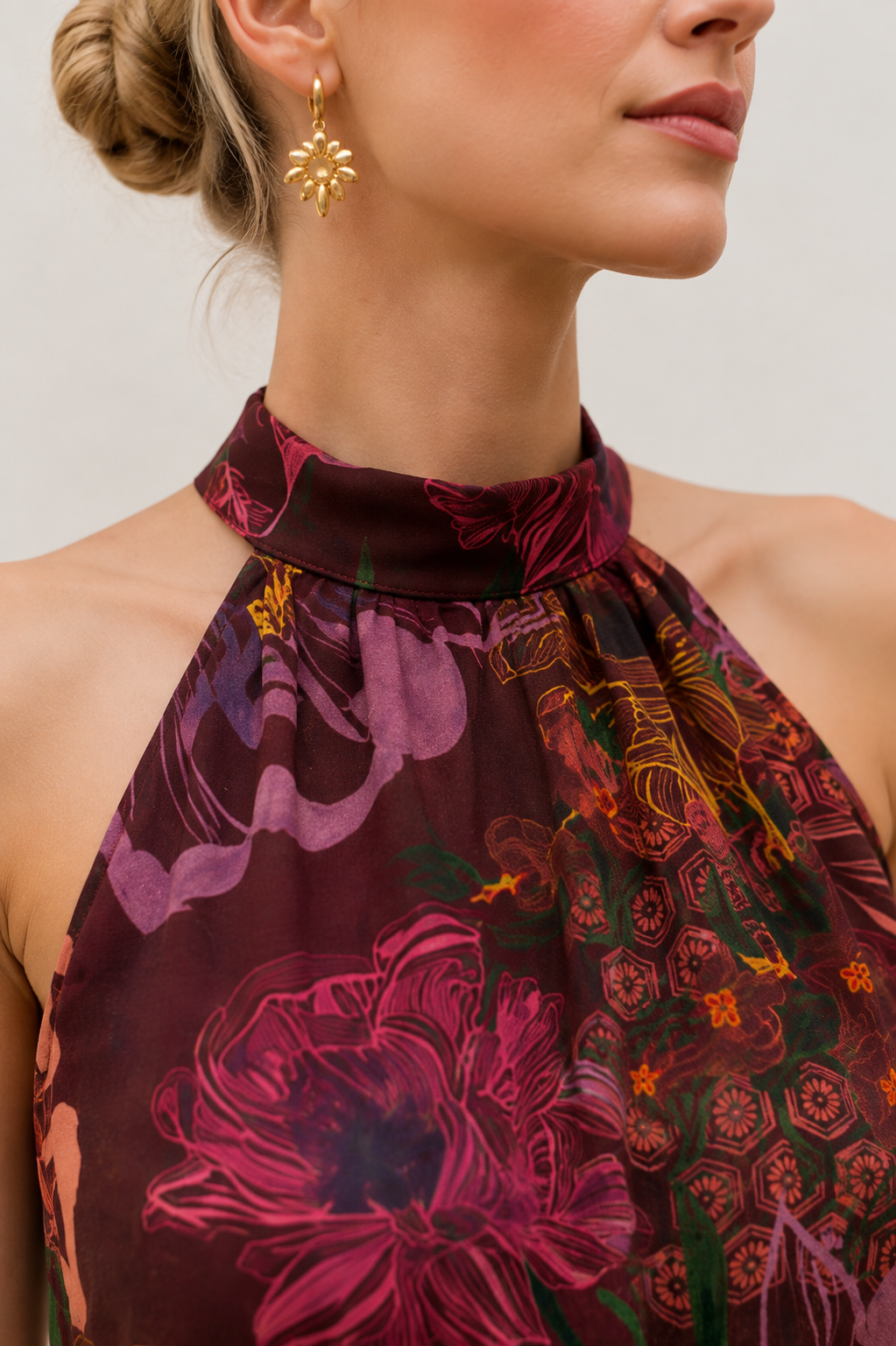 Vestidos Para Mujer Largo Floreado Cuello Halter S63103 Vino