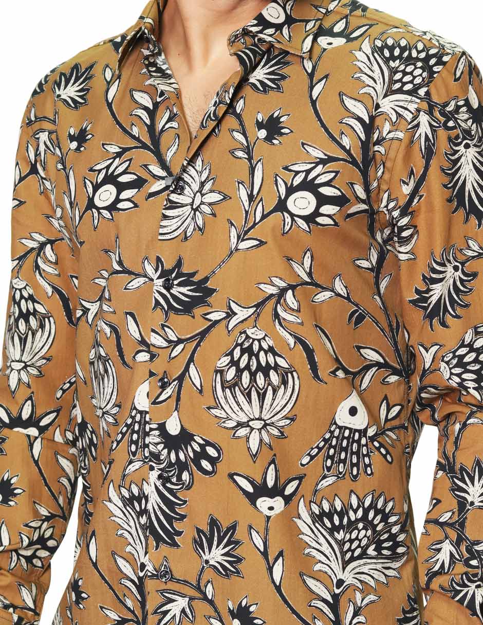 Camisas Para Hombre Manga Larga Estampada B45513 Ocre