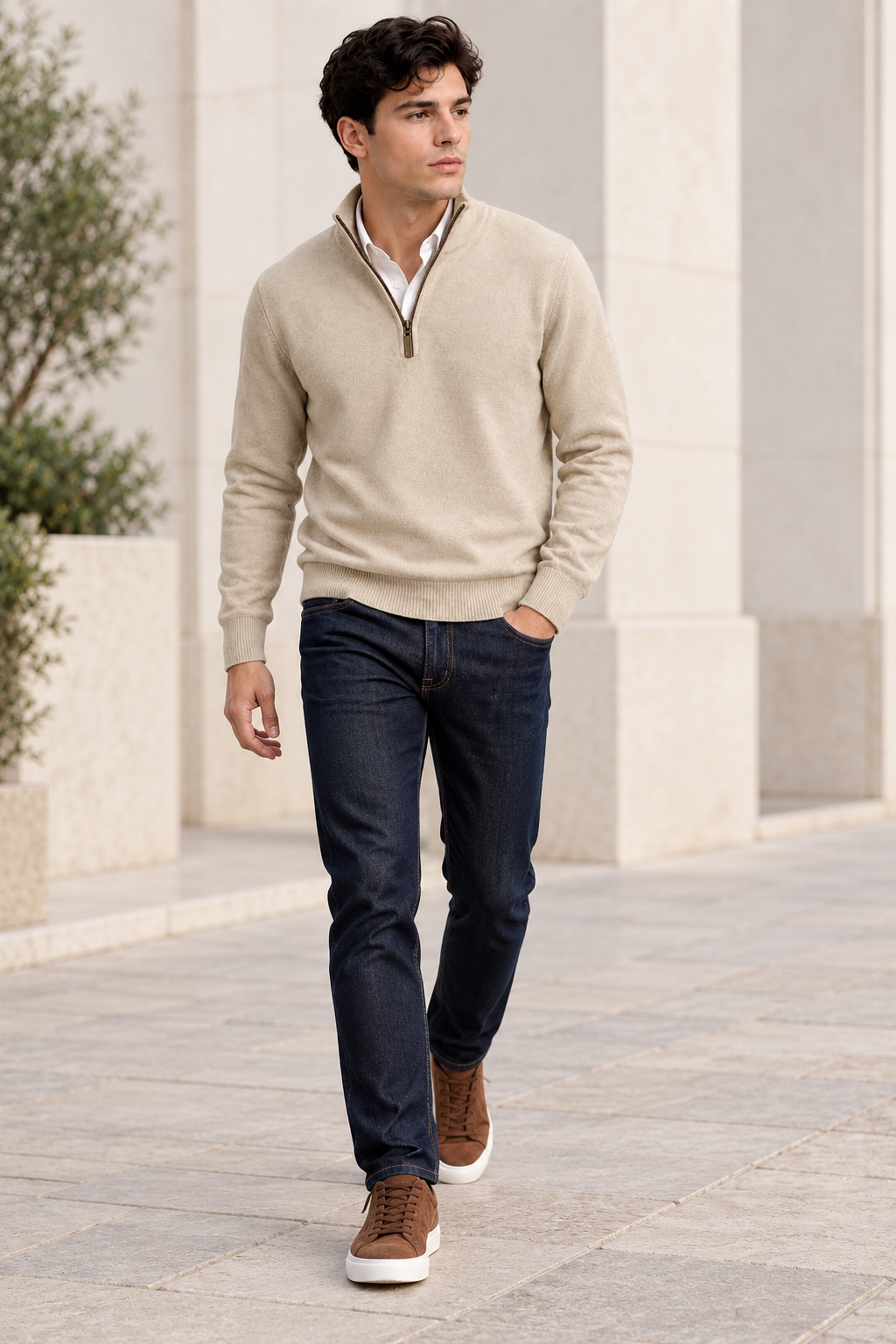 Suéteres Para Hombre Cuello Alto y Cremallera De Punto Fino E65302 Beige