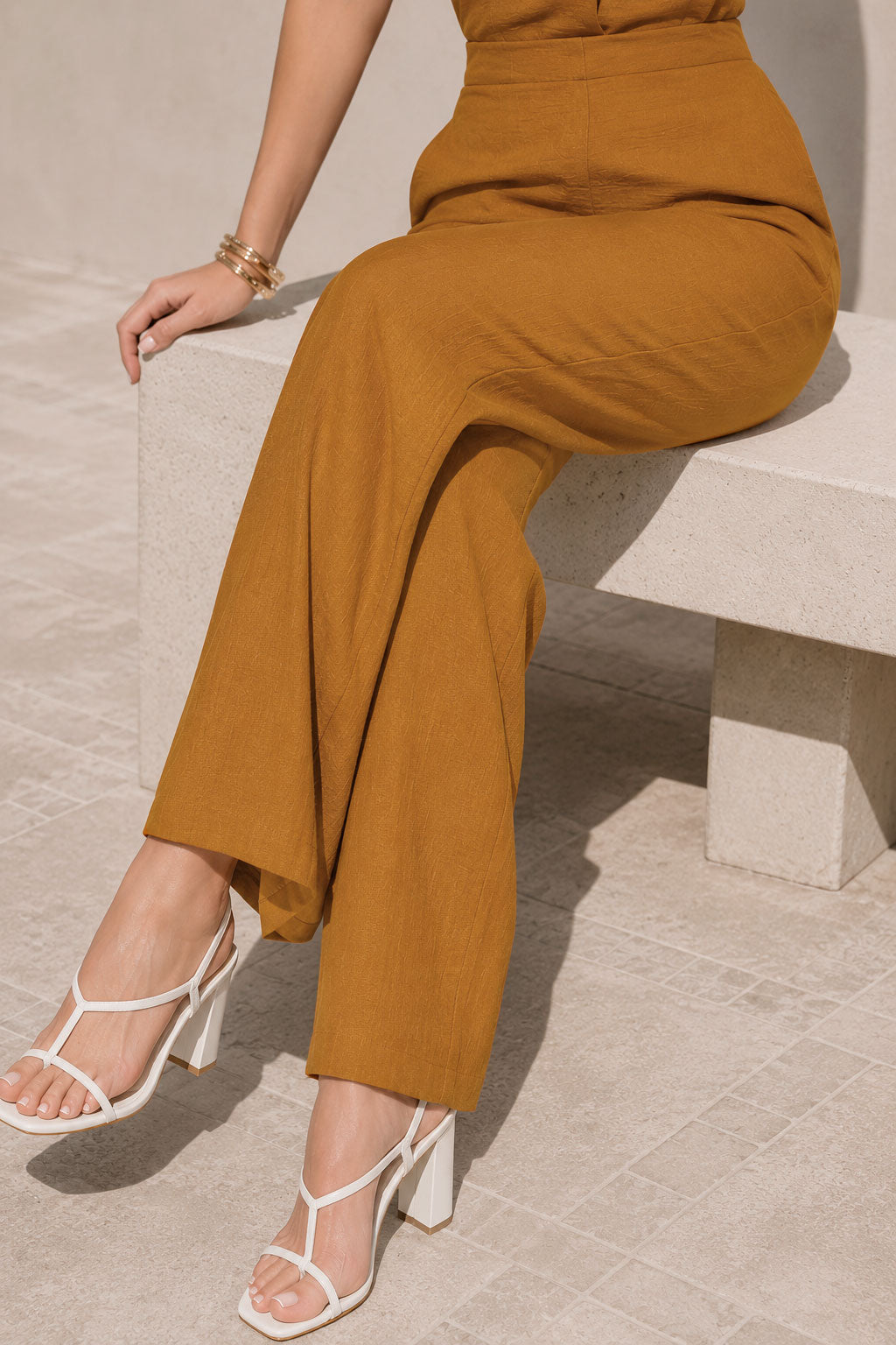 Pantalones Para Mujer Wide Leg Con Textura Básico W63110 Ocre