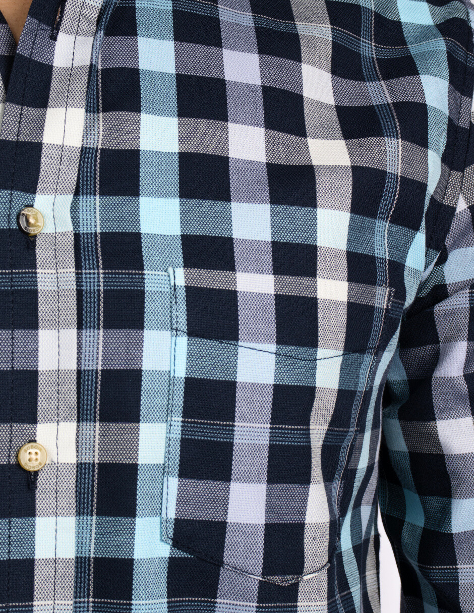 Camisas Para Hombre Manga Larga Cuadros Tipo Lino B51125 Marino