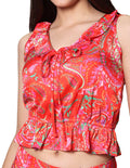 Blusas Tipo Crop Top Para Mujer Bobois Moda Casuales Con Olanes Escote V Estampada Satinada N31143 Rojo
