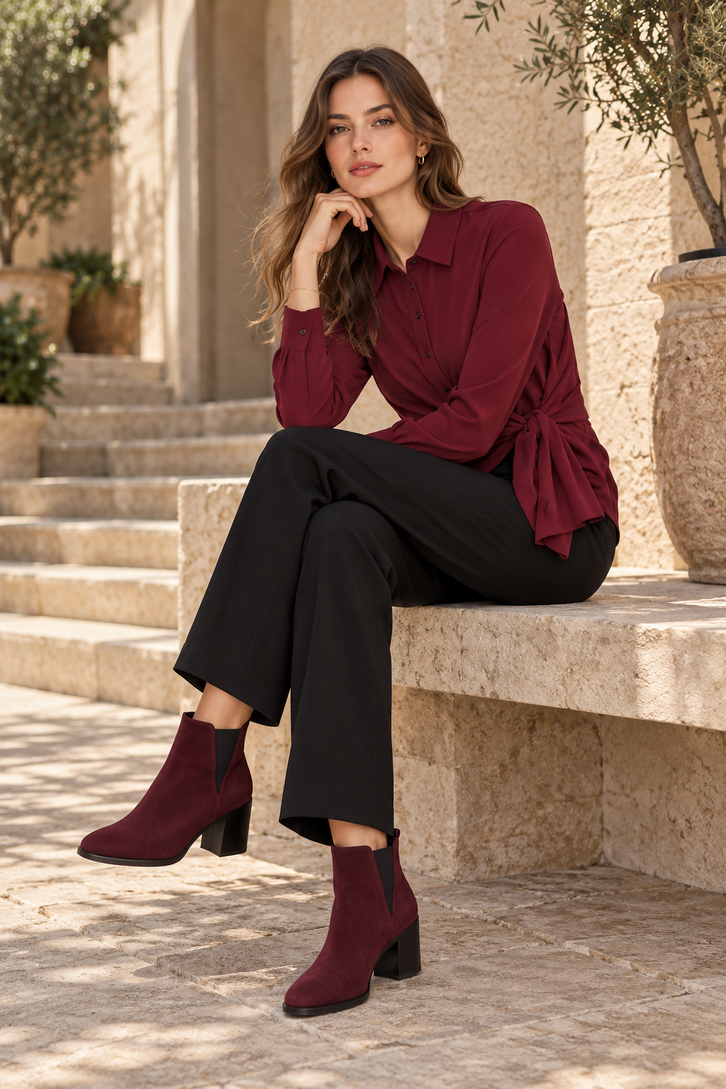 Blusas Para Mujer Tipo Camisa, Botones Frontales Y Diseño Cruzado Con Amarre N63133 Vino
