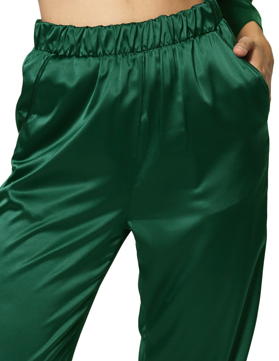 Pantalón fluido verde anís con elástico en cintura y tobillos con plumas -  SARL G2TO