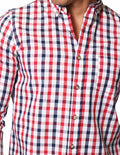 Camisas Para Hombre Bobois Moda Casuales Dobby De Manga Larga Con Estampado De Cuadros Cuello Button Down Regular Fit B41108 Rojo