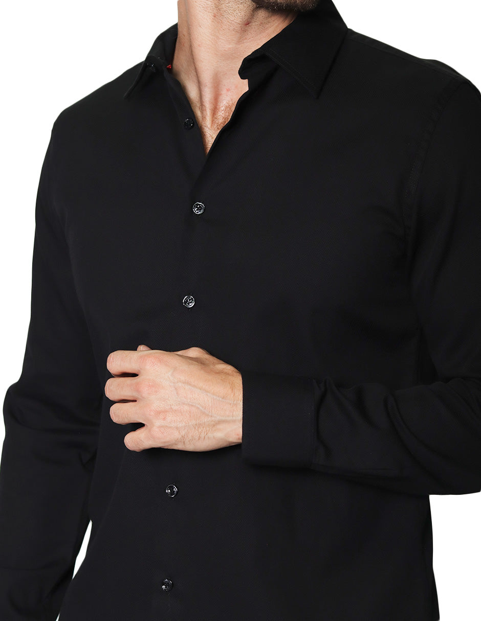 Camisas Para Hombre Manga Larga Micro Cuadros Jackard B45305 Negro