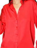 Blusas Para Mujer Bobois Moda Casuales Satinada Camisera Lisa De Manga Larga N41106 Rojo