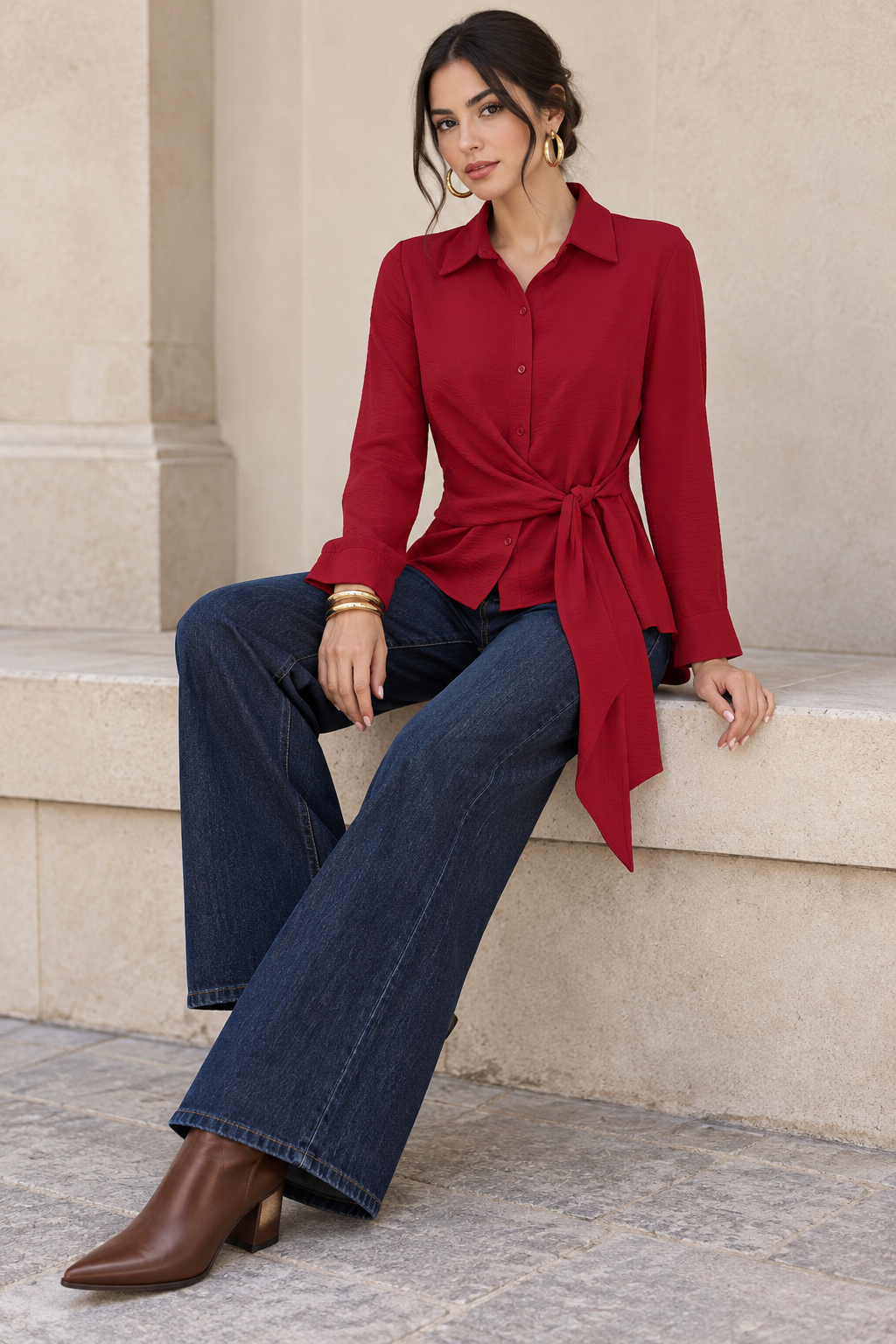 Blusas Para Mujer Tipo Camisa, Botones Frontales Y Diseño Cruzado Con Amarre N63133 Rojo