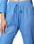 Pantalones Para Mujer Bobois Moda Casuales Con Jareta Tipo Lino De Tiro Alto W41127 Azul