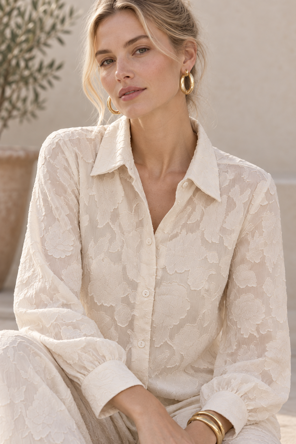 Blusas Para Mujer Jacquard Con Transparencia Y Diseño Floral N63107 Hueso