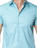 Camisas Para Hombre Bobois Moda Casuales Satinada De Manga Corta Cuello Italiano Con Estampado Slim Fit B41354 Aqua
