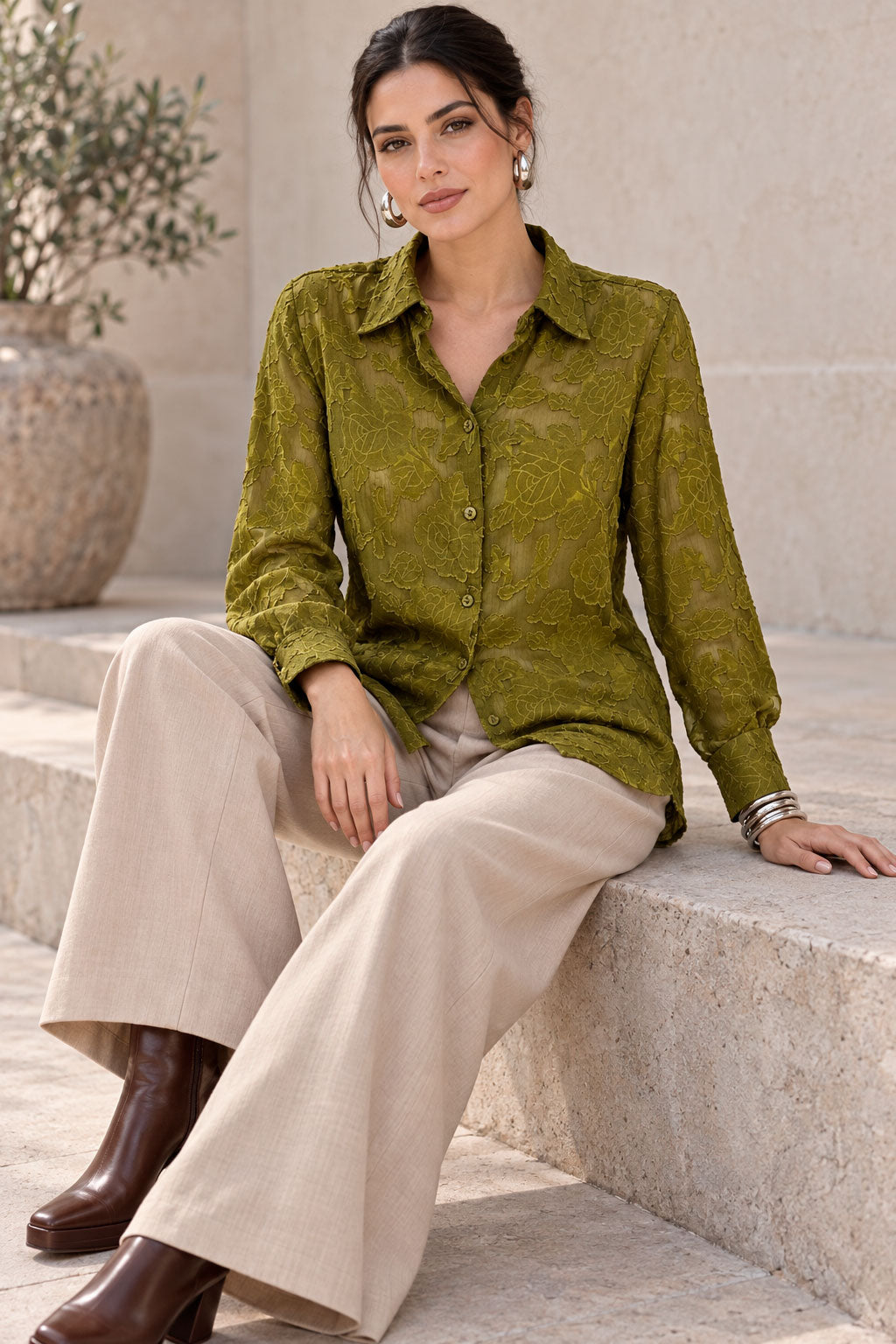 Blusas Para Mujer Jacquard Con Transparencia Y Diseño Floral N63107 Verde