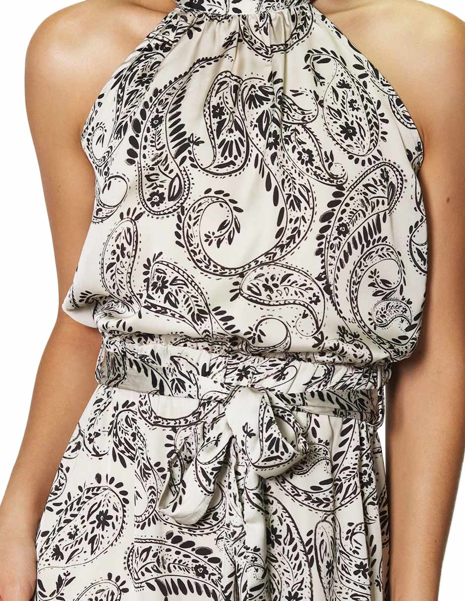 Vestidos Para Mujer Halter Midi Largo Estampado Paisley S43111 Hueso/Negro