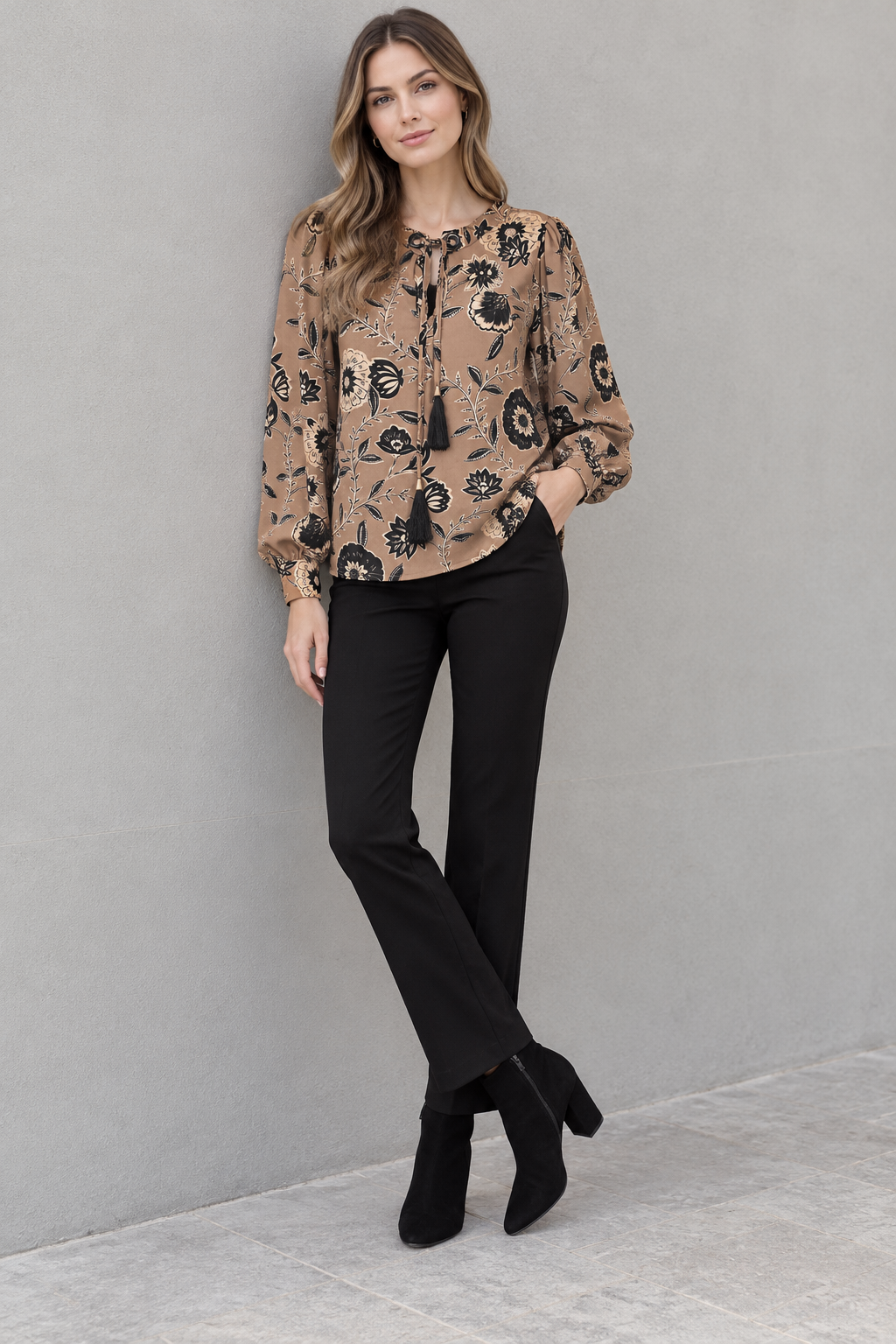 Blusas Para Mujer Amplia Manga Larga Floreada N43134 Beige
