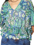 Blusas Para Mujer Bobois Moda Casuales De Manga Corta Con Olanes Cuello V Con Estampado Pezlis N41123 Azul/Verde