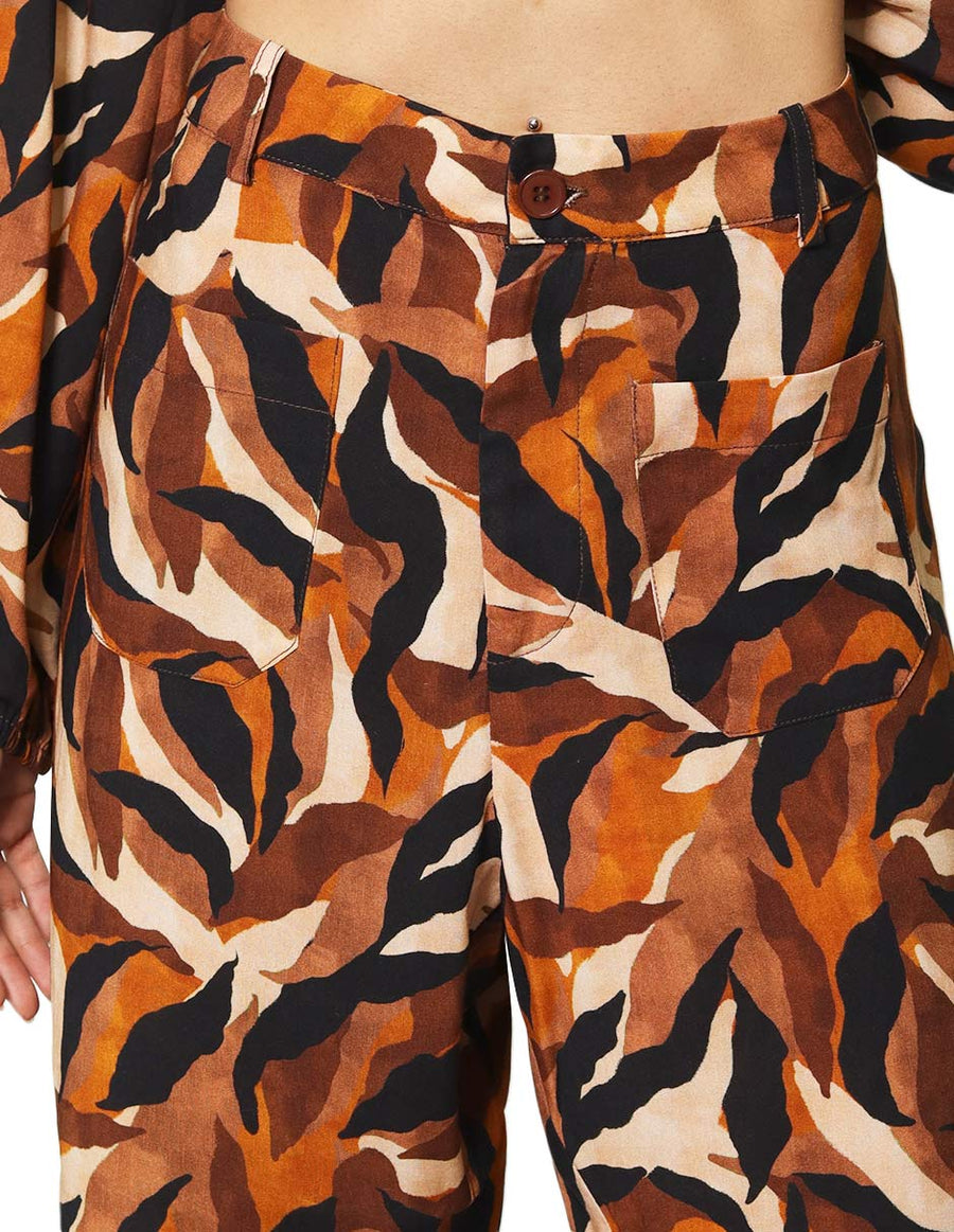 Pantalones Para Mujer Bobois Moda Casuales Estampado Con Bolsillos Amplio Comodo W33110 Café