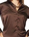 Blusas Para Mujer Bobois Moda Casuales Camisera Satinada Manga Larga Amplia Comoda Suelta N33107 Chocolate