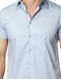 Camisas Para Hombre Bobois Moda Casuales Satinada De Manga Corta Cuello Italiano Con Estampado De Micro Cuadros B41355 Cielo