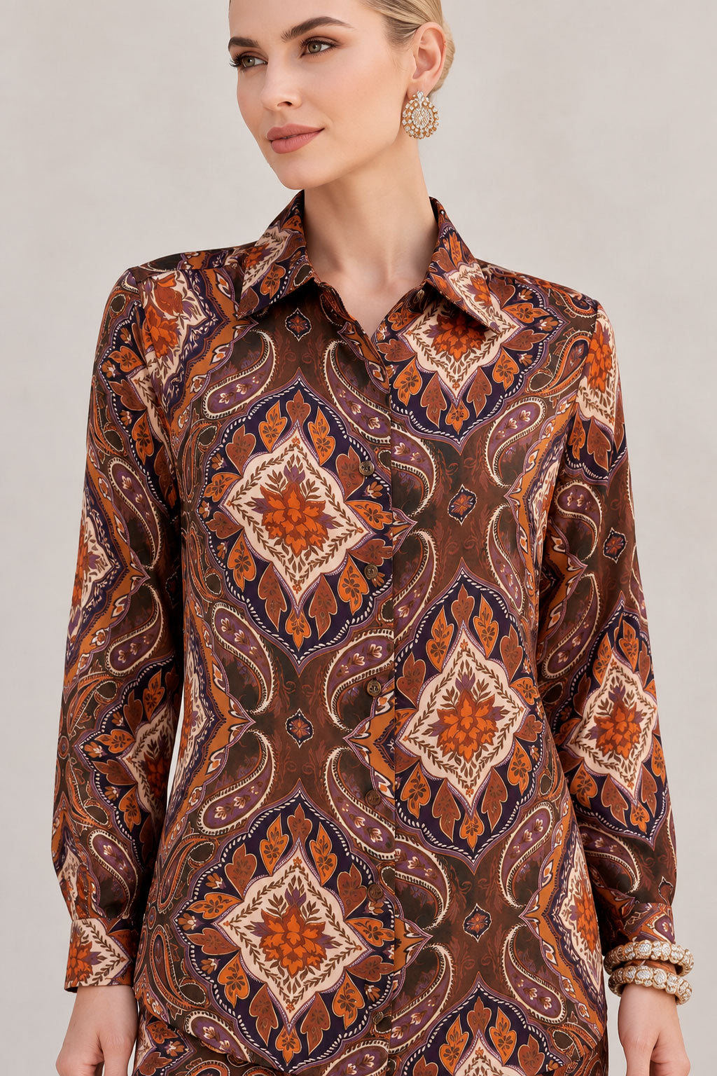 Blusas Para Mujer Satinada Manga Larga Con Estampado Paisley N63119 Unico