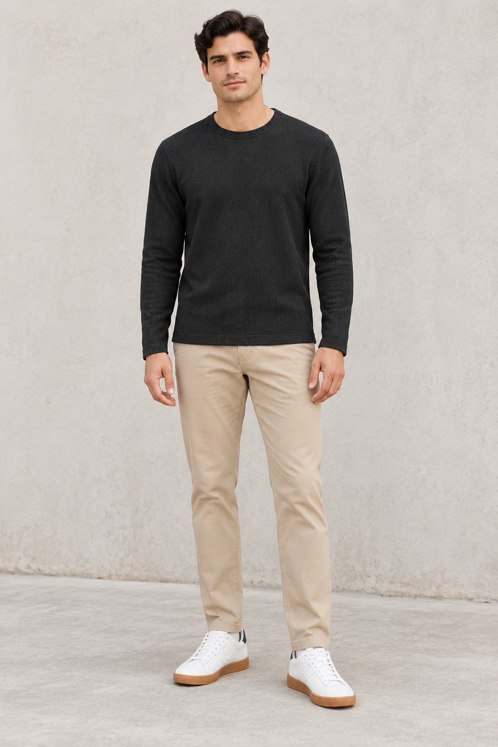 Playeras Para Hombre De Tejido Acanalado Con Manga Larga A65313 Negro
