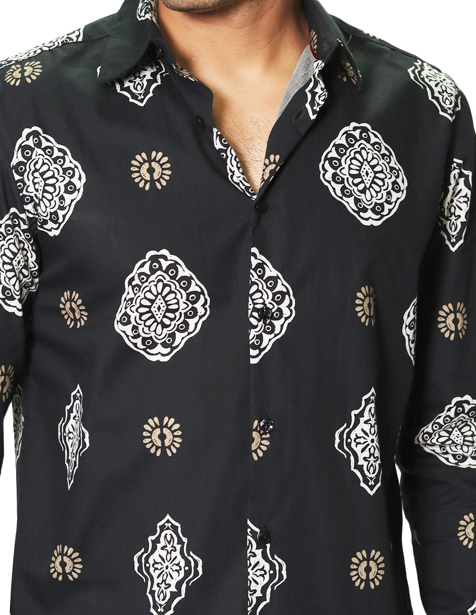 Camisas Para Hombre Manga Larga Estampada B45519 Negro