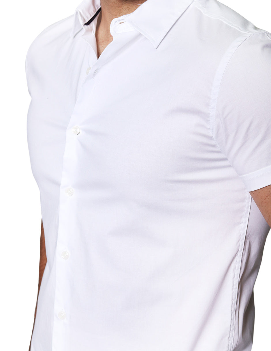 Camisas Para Hombre Lisa De Manga Corta Cuello Italiano Slim Fit BPOPMC Blanco