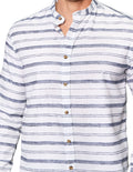 Camisas Para Hombre Bobois Moda Casuales Tipo Lino De Manga Larga Cuello Mao Con Estampado De Rayas B41315 Azul